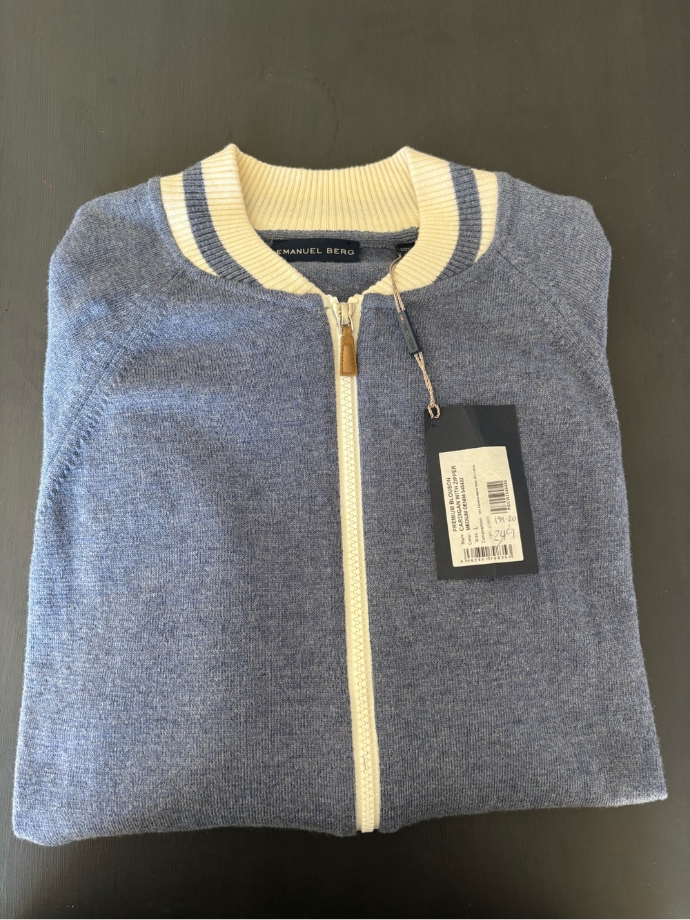 Emanuel Berg Men's Light Blue Zip-Up Knit Sweater with Cream Trim